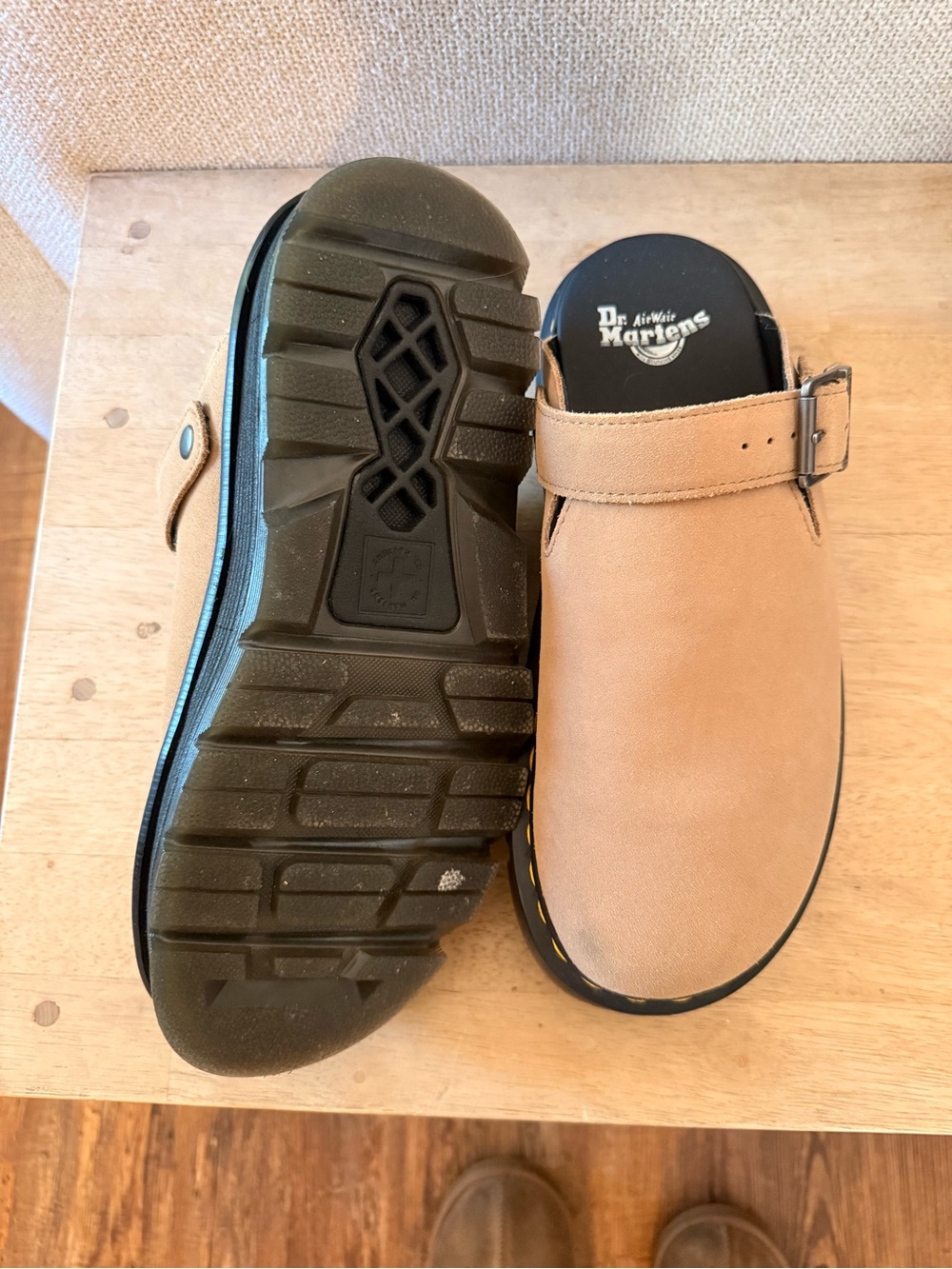 Dr. Martens Tan Suede Clog Mules with Buckle - Picture 2 of 3